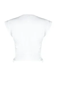 TRENDYOLMİLLA White 100% Thick Cotton Gather Detailed Crop Bat Arm Knitting T-Shirt - Image 8