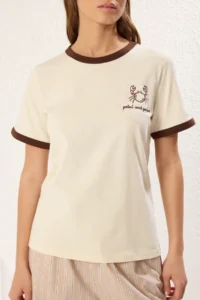 TRENDYOLMİLLA Stone 100% Cotton Embroidered Contrast Piping Detailed Knitting T-Shirt - Image 3