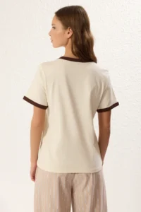 TRENDYOLMİLLA Stone 100% Cotton Embroidered Contrast Piping Detailed Knitting T-Shirt - Image 5