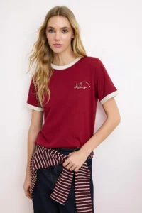 TRENDYOLMİLLA Burgundy 100% Cotton Embroidered Contrast Piping Detailed Knitting T-Shirt