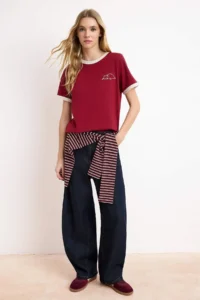 TRENDYOLMİLLA Burgundy 100% Cotton Embroidered Contrast Piping Detailed Knitting T-Shirt - Image 2