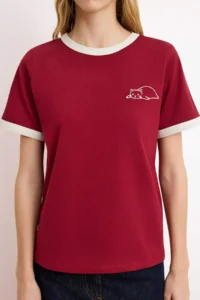 TRENDYOLMİLLA Burgundy 100% Cotton Embroidered Contrast Piping Detailed Knitting T-Shirt - Image 3