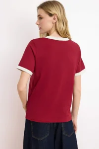 TRENDYOLMİLLA Burgundy 100% Cotton Embroidered Contrast Piping Detailed Knitting T-Shirt - Image 4
