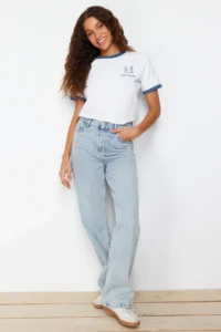 TRENDYOLMİLLA Ecru 100% Cotton Embroidered Contrast Piping Detailed Knitting T-Shirt - Image 2