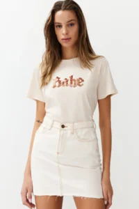 TRENDYOLMİLLA Stone Sequin Slogan Embroidered Regular/Normal Pattern Knitting T-Shirt
