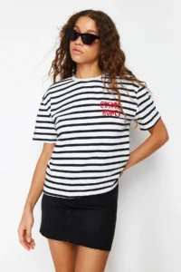 TRENDYOLMİLLA Rejection Striped Thick Cotton Slogan Embroidery Detailed relaxed/Casual Cut Knitting T-Shirt - Image 2