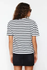 TRENDYOLMİLLA Rejection Striped Thick Cotton Slogan Embroidery Detailed relaxed/Casual Cut Knitting T-Shirt - Image 6