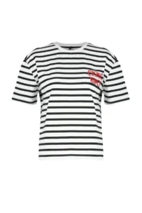 TRENDYOLMİLLA Rejection Striped Thick Cotton Slogan Embroidery Detailed relaxed/Casual Cut Knitting T-Shirt - Image 7