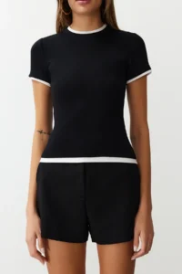 TRENDYOLMİLLA Black Viscous/Soft Fabric Color Blocked Flexible Knitting T-Shirt - Image 5