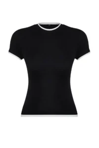 TRENDYOLMİLLA Black Viscous/Soft Fabric Color Blocked Flexible Knitting T-Shirt - Image 7