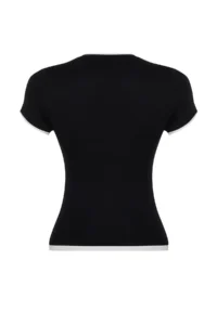 TRENDYOLMİLLA Black Viscous/Soft Fabric Color Blocked Flexible Knitting T-Shirt - Image 8