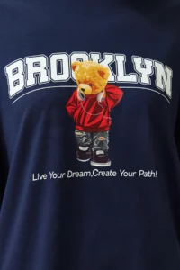 TRENDYOLMİLLA Navy Blue 100% Cotton Teddy Bear Printed Oversized/Wide Pattern Crew Neck Knitting T-Shirt - Image 5