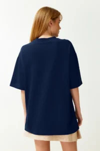 TRENDYOLMİLLA Navy Blue 100% Cotton Teddy Bear Printed Oversized/Wide Pattern Crew Neck Knitting T-Shirt - Image 6