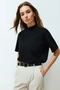TRENDYOLMİLLA Black 100% Thick Cotton Dog collar Three Quarter Sleeve Knitting T-Shirt - Image 2