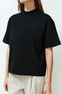TRENDYOLMİLLA Black 100% Thick Cotton Dog collar Three Quarter Sleeve Knitting T-Shirt - Image 4