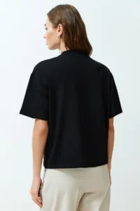 TRENDYOLMİLLA Black 100% Thick Cotton Dog collar Three Quarter Sleeve Knitting T-Shirt - Image 6
