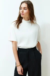 TRENDYOLMİLLA White 100% Thick Cotton Dog collar Three Quarter Sleeve Knitting T-Shirt - Image 2