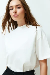 TRENDYOLMİLLA White 100% Thick Cotton Dog collar Three Quarter Sleeve Knitting T-Shirt - Image 3