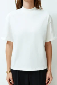TRENDYOLMİLLA White 100% Thick Cotton Dog collar Three Quarter Sleeve Knitting T-Shirt - Image 4