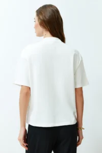 TRENDYOLMİLLA White 100% Thick Cotton Dog collar Three Quarter Sleeve Knitting T-Shirt - Image 6