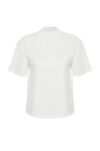 TRENDYOLMİLLA White 100% Thick Cotton Dog collar Three Quarter Sleeve Knitting T-Shirt - Image 7
