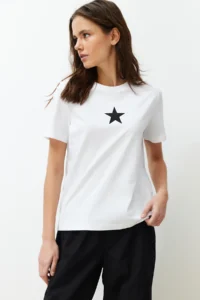 TRENDYOLMİLLA White 100% Cotton Star Printed Regular/Normal Pattern Crew Neck Knitting T-Shirt - Image 2