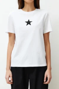 TRENDYOLMİLLA White 100% Cotton Star Printed Regular/Normal Pattern Crew Neck Knitting T-Shirt - Image 5