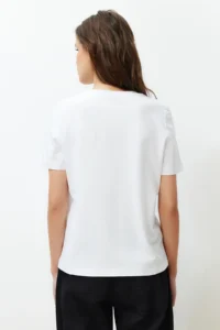 TRENDYOLMİLLA White 100% Cotton Star Printed Regular/Normal Pattern Crew Neck Knitting T-Shirt - Image 6