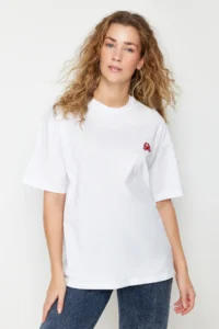 TRENDYOLMİLLA White 100% Cotton Embroidered Oversized/Wide Pattern Crew Neck Knitting T-Shirt - Image 2