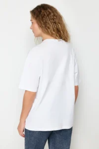 TRENDYOLMİLLA White 100% Cotton Embroidered Oversized/Wide Pattern Crew Neck Knitting T-Shirt - Image 6