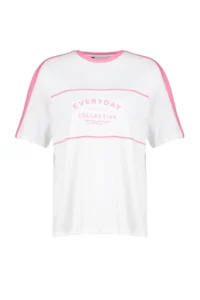 TRENDYOLMİLLA White 100% Thick Cotton Color Blocked Slogan Oversized/Wide Pattern Knitting T-Shirt - Image 7