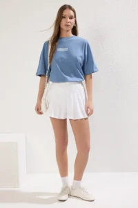TRENDYOLMİLLA Indigo 100% Cotton Back and Front Printed Oversized/Wide Cut Knitting T-Shirt - Image 2