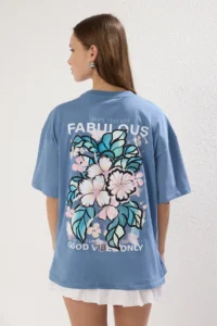 TRENDYOLMİLLA Indigo 100% Cotton Back and Front Printed Oversized/Wide Cut Knitting T-Shirt - Image 4