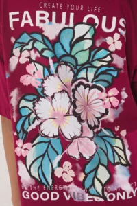 TRENDYOLMİLLA Dark Cherry Slogan and Flower Printed Oversized/Wide Pattern Knitting T-Shirt - Image 3