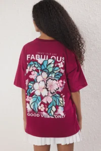 TRENDYOLMİLLA Dark Cherry Slogan and Flower Printed Oversized/Wide Pattern Knitting T-Shirt - Image 4