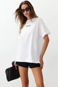 TRENDYOLMİLLA Ecru 100% Cotton Back and Front Printed Oversized/Wide Cut Knitting T-Shirt - Image 2