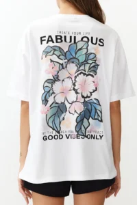 TRENDYOLMİLLA Ecru 100% Cotton Back and Front Printed Oversized/Wide Cut Knitting T-Shirt - Image 5