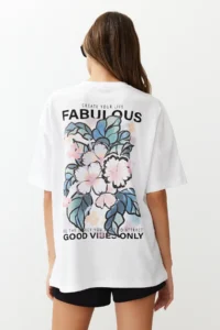TRENDYOLMİLLA Ecru 100% Cotton Back and Front Printed Oversized/Wide Cut Knitting T-Shirt - Image 6