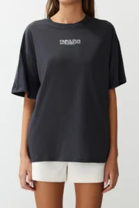 TRENDYOLMİLLA Anthracite 100% Cotton Back and Front Printed Oversized/Wide Cut Knitting T-Shirt - Image 5
