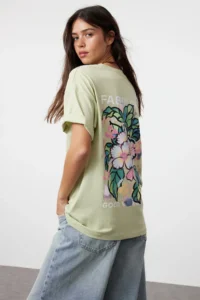 TRENDYOLMİLLA Mint 100% Cotton Back and Front Printed Oversized/Wide Cut Knitting T-Shirt