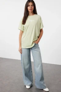 TRENDYOLMİLLA Mint 100% Cotton Back and Front Printed Oversized/Wide Cut Knitting T-Shirt - Image 2