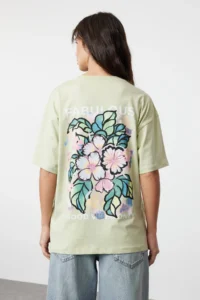 TRENDYOLMİLLA Mint 100% Cotton Back and Front Printed Oversized/Wide Cut Knitting T-Shirt - Image 5