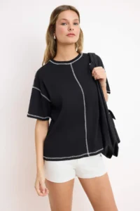 TRENDYOLMİLLA Black 100% Cotton Karkoya Stitching Detailed Oversized/Wide Cut Knitting T-Shirt