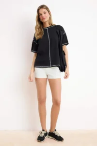 TRENDYOLMİLLA Black 100% Cotton Karkoya Stitching Detailed Oversized/Wide Cut Knitting T-Shirt - Image 2