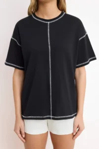 TRENDYOLMİLLA Black 100% Cotton Karkoya Stitching Detailed Oversized/Wide Cut Knitting T-Shirt - Image 3
