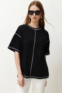 TRENDYOLMİLLA Black 100% Cotton Karkoya Stitching Detailed Oversized/Wide Cut Knitting T-Shirt - Image 5