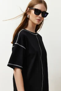 TRENDYOLMİLLA Black 100% Cotton Karkoya Stitching Detailed Oversized/Wide Cut Knitting T-Shirt - Image 6