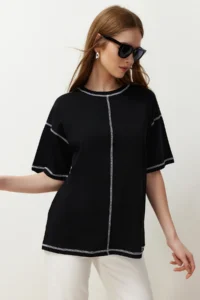 TRENDYOLMİLLA Black 100% Cotton Karkoya Stitching Detailed Oversized/Wide Cut Knitting T-Shirt - Image 7