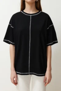 TRENDYOLMİLLA Black 100% Cotton Karkoya Stitching Detailed Oversized/Wide Cut Knitting T-Shirt - Image 9