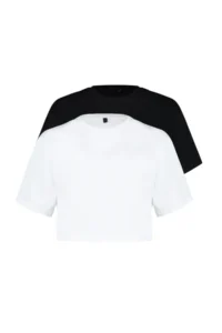 TRENDYOLMİLLA Black-White 2 Sets Package 100% Cotton Relax/Comfortable Cut Crop Knitting T-Shirt - Image 7